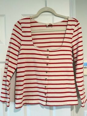 Sezane Linea Mariniere Bright Red & Ecru Striped Button-Front Top, Size Medium